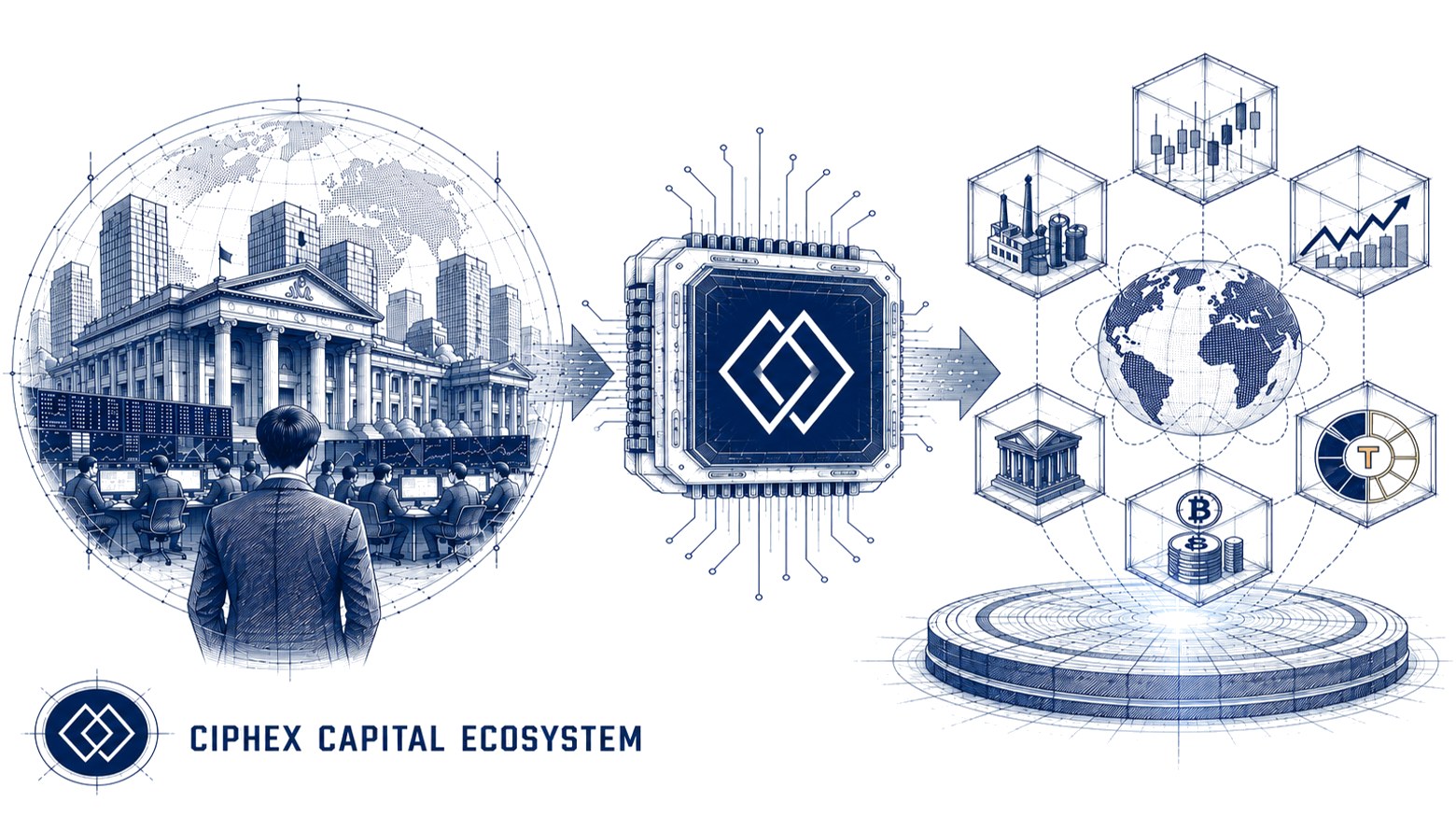 Illustration of the Ciphex Capital Ecosystem connecting traditional capital markets to tokenized digital asset markets